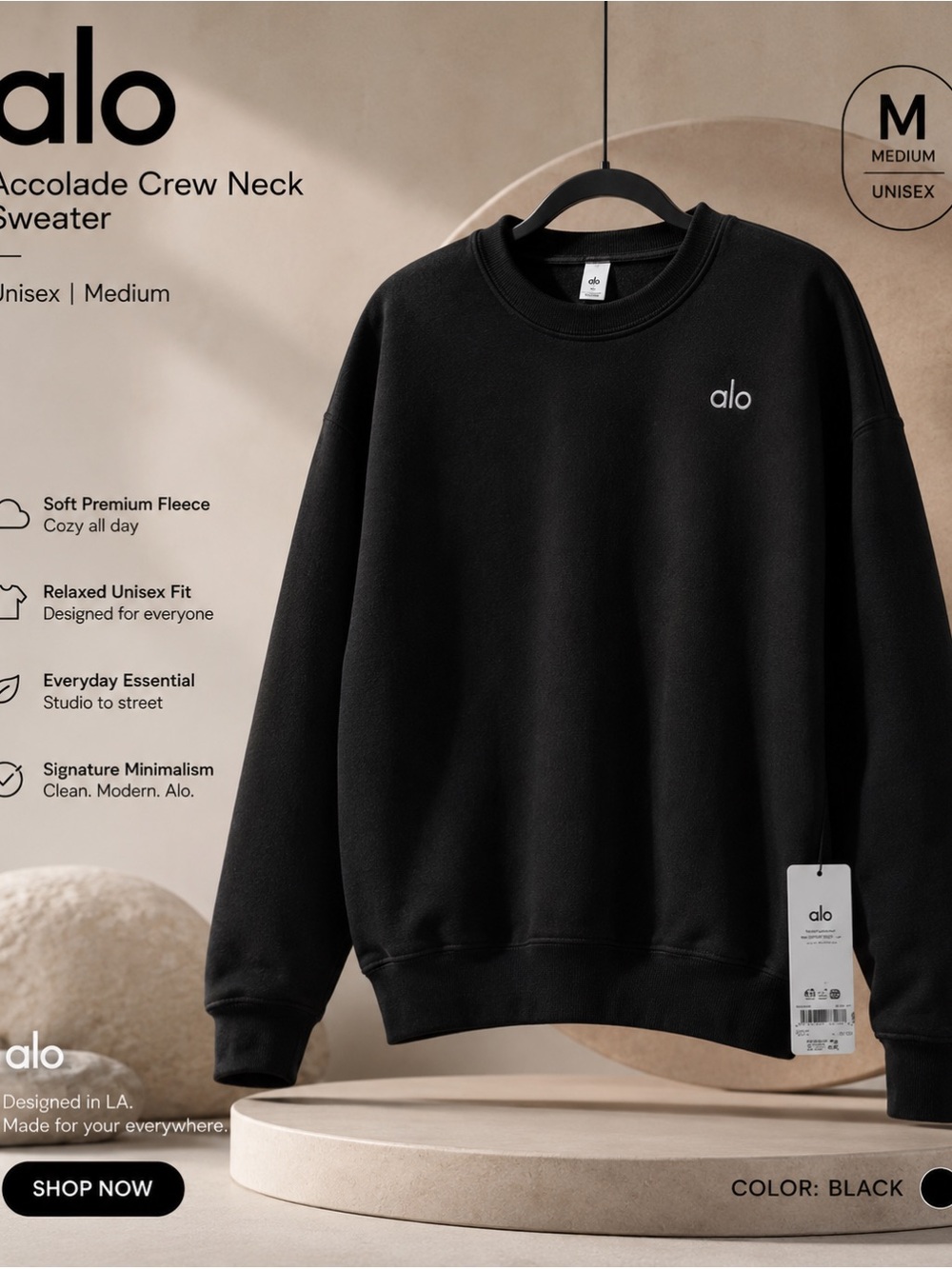 ALO Yoga Black Crewneck Sweatshirt with White Logo - Picture 2 of 2